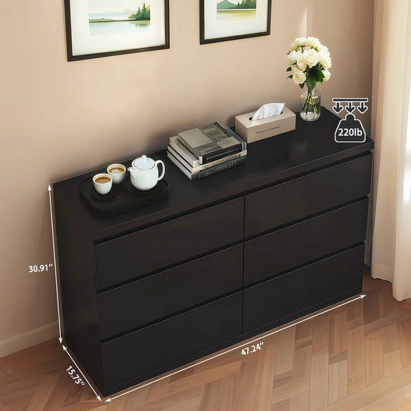 English Elm 6 Drawer Modern Dresser with Concealed Handles, Spacious Top, Durable Wood Storage Cabinet for Bedroom Black W3204P318439