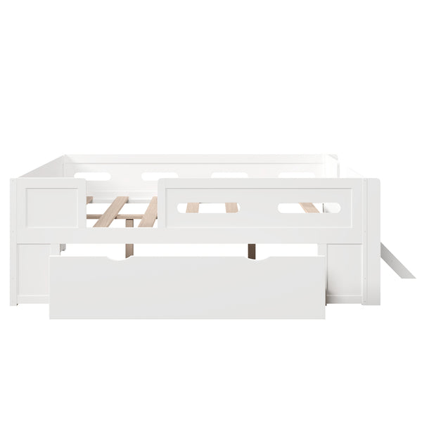 English Elm Wood Twin Platform Bed for Kids with Fence Guardrail and Under Storage Drawer White N709P385776K