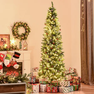 English Elm Homcom 7.5Ft Pre-Lit Snow-Dipped Christmas Tree With 350 Led Lights, Pine Cones & Red Berries Decor W2225P229435
