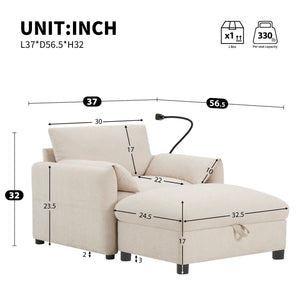 English Elm 37" Oversized Chenille Armchair with Ottoman Usb Charging Pocket Spring Living Room Beige N723P387145A