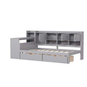 English Elm Twin L-Shape Daybed with Storage, 3 Cabinets & 2 Drawers, Built-In Desk Bookshelf, Gray Twin N733S247070E