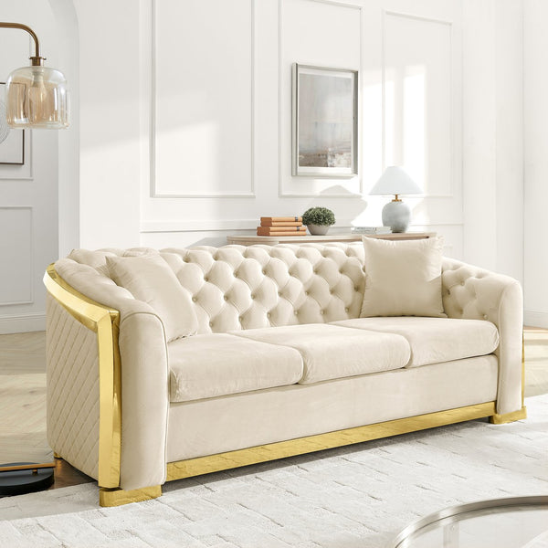 English Elm 2 Piece Chesterfield Velvet Sofa Set with Gold Steel Trim Tufted Living Room Suite Beige W1191S00119