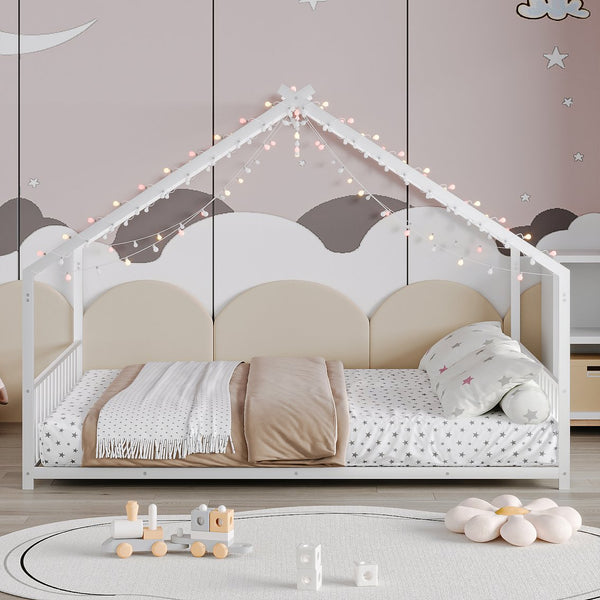 English Elm Full Full-size children's bed frame with LED roof design, white iron house-style frame, sturdy 350lb capacity W1820P356060