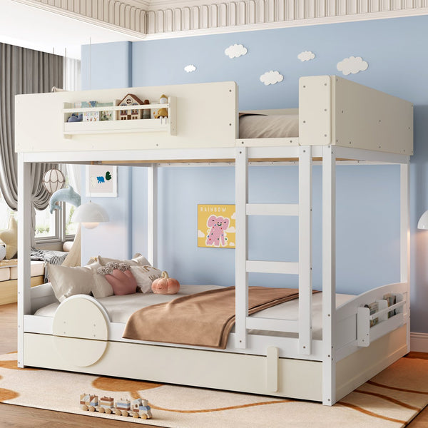 English Elm Queen Bunk Bed with Trundle Solid Pine Kids Car Themed Frame Built-in Bookshelf Beige+White W1580S00446