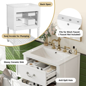 English Elm 24'' Vintage Bathroom Vanity with Ceramic Sink Soft Close Drawers Open Shelf White N710P411237K