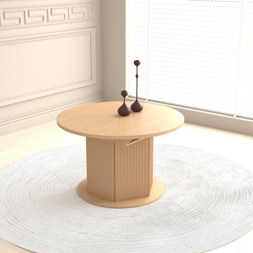 English Elm Round Adjustable Dining Table 47–63" for 4–6, Light Brown MDF & Rubberwood, Bump-Texture Base, 300lb Capacity W1347P296655