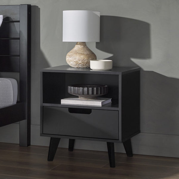 Hans Sleek Mid-Century Modern Nightstand with 1 Drawer and Open Cubby for Stylish Storage Solutions