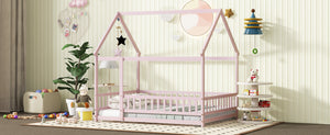 English Elm Full Size House Floor Bed With Roof Frame & Guardrails - Cozy Pink Wooden Design For Kids W504P286410