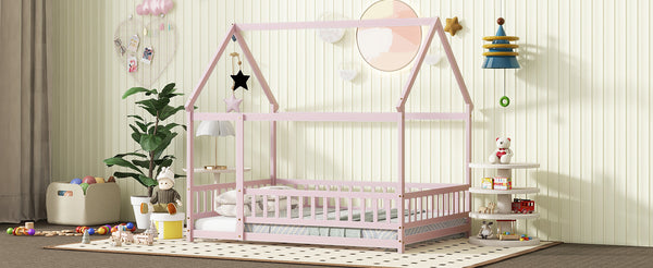 English Elm Full Size House Floor Bed With Roof Frame & Guardrails - Cozy Pink Wooden Design For Kids W504P286410