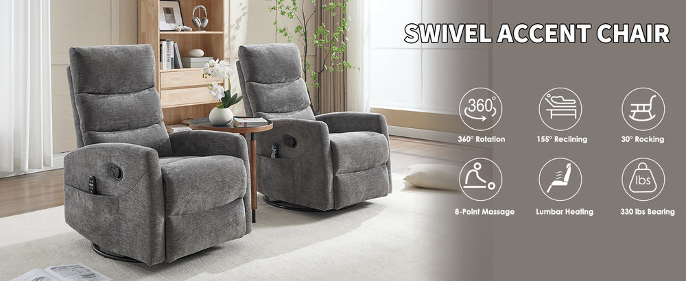 English Elm Heat Massage Rocker Swivel Recliner with 8 Vibrating Nodes Plush Fabric Lounge Chair W3224P322251