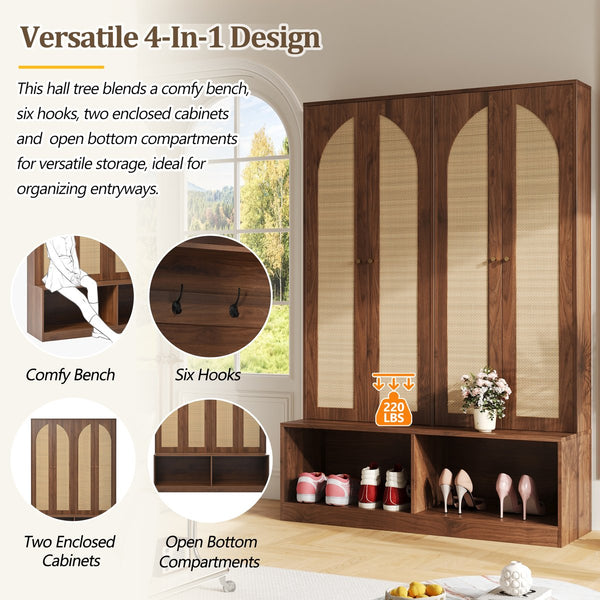 English Elm Rattan Door Hall Tree Bench with 6 Hooks Farmhouse Entryway Storage N721S000074D