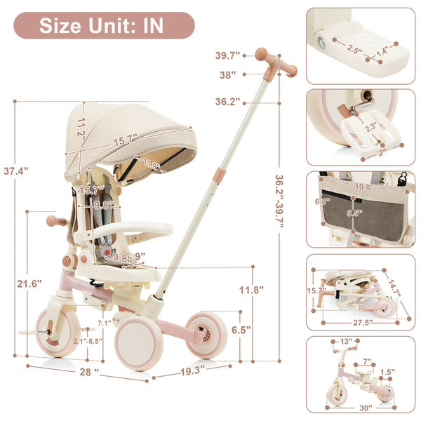 English Elm 7 in 1 Convertible Toddler Trike Aluminum Foldable Push Bike with Canopy for Ages 1 to 6 Pink N726P248345G