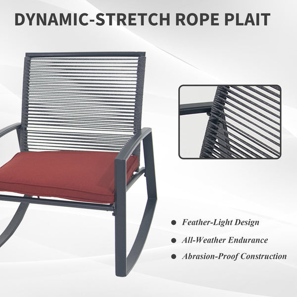 English Elm 2-person Weatherproof Outdoor Bistro Rocking Set with Table, Rust-Proof Metal, Removable Cushions Red W1859P359813