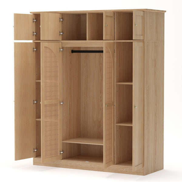 English Elm 70.87"tall Rattan Door Armoire Freestanding Wardrobe with Adjustable Shelves Hanging Rod Natural W757S00054