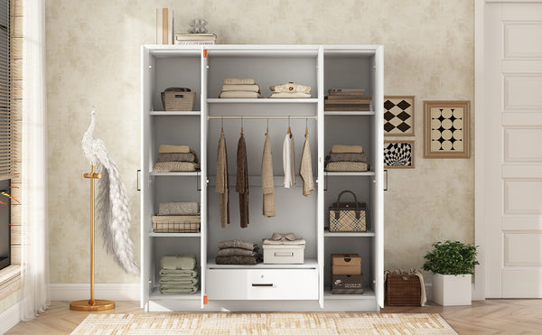 English Elm 4-door Mirrored Wardrobe White Mdf Armoire with Interior Shelves and Lockable Drawer LP006602AAK