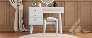 English Elm 39" Retro Bohemian Makeup Vanity Set with Rattan Drawers, USB Charging Port, Cushioned Stool, 4-Drawer Storage White 44.1 L x 18.75 W x 10.5 H N733P180011K