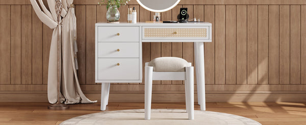 English Elm 39" Retro Bohemian Makeup Vanity Set with Rattan Drawers, USB Charging Port, Cushioned Stool, 4-Drawer Storage White 44.1 L x 18.75 W x 10.5 H N733P180011K
