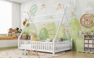 English Elm Twin Montessori Floor Bed House Frame with Led Lighting and Safety Rails for Kids White W2593P440589