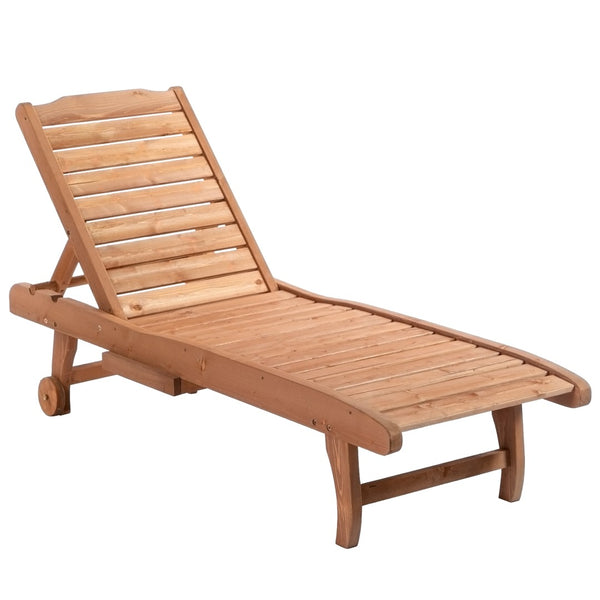 English Elm Outsunny Adjustable Outdoor Chaise Lounge Chair With Pull-Out Table, Rolling Wheels & Wood Finish W2225P200447-GIGA
