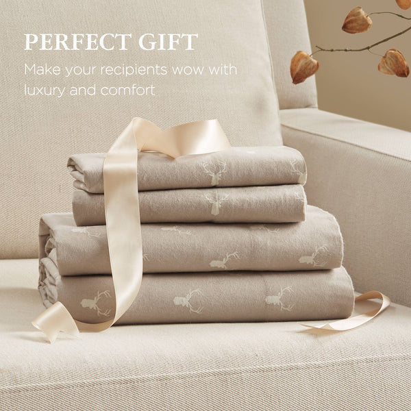 English Elm 4 Pieces Queen 100% Cotton Flannel Sheet Set - Cozy Rustic Stag Head Design For Ultimate Comfort B035P381353