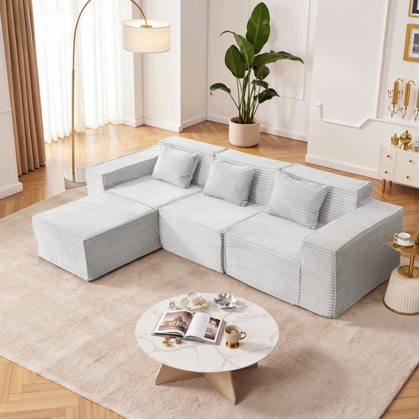 English Elm L-shaped Corduroy Sectional with Ottoman Three Seat Modular Sofa for Modern Living Light Gray W2699S00081