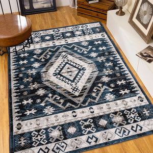 English Elm Area Rug 6X9 Vintage Bohemian Persian Geometric Design In Blue/Black - Non-Slip & Washable! W2907P265132