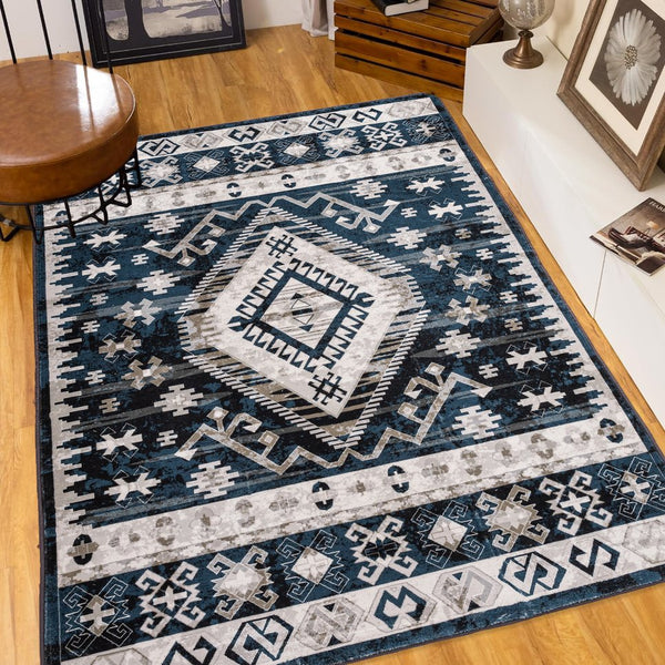 English Elm Area Rug 6X9 Vintage Bohemian Persian Geometric Design In Blue/Black - Non-Slip & Washable! W2907P265132
