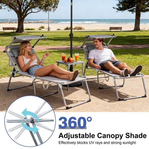English Elm Folding Outdoor Lounge Chair with Canopy Bungee Mesh Seat and Adjustable Recline W3162P414612