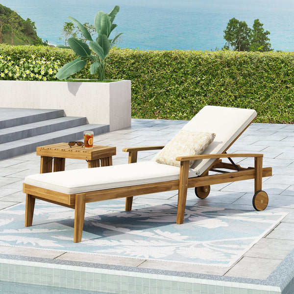 English Elm Jason Outdoor Acacia Wood Chaise Lounge with Adjustable Recline and Slat Design Teak+ Beige N769P363844N