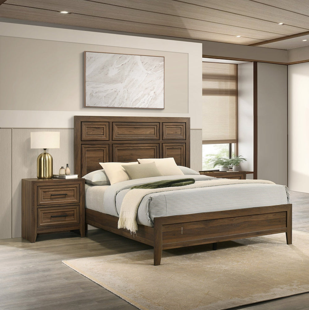 English Elm 3pc King Bedroom Set Recessed Wood Panel Bed with Matching Nightstands in Brown B2741S00940