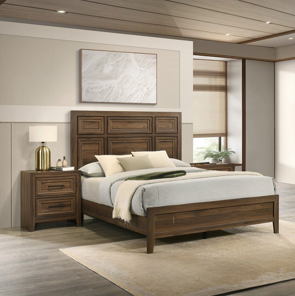 English Elm 3pc Queen Panel Bed Set Antique White Wood Recessed Headboard with Two Nightstands B2741S00939