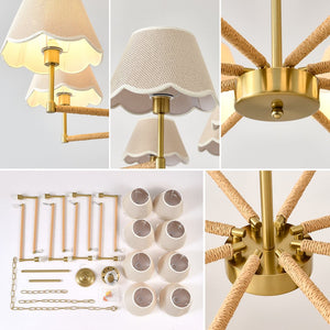 English Elm 8-light Gold Rope Wrapped Fabric Shade Chandelier for Dining and Living Rooms W5008P391581
