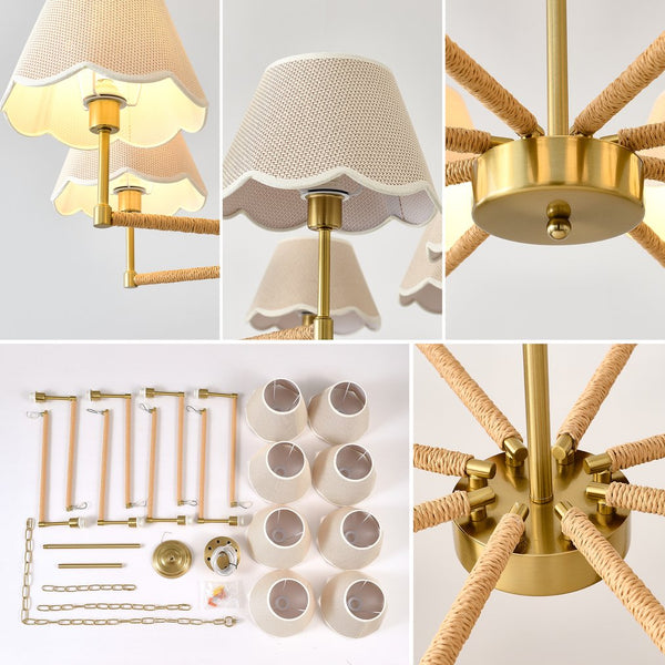 English Elm 8-light Gold Rope Wrapped Fabric Shade Chandelier for Dining and Living Rooms W5008P391581