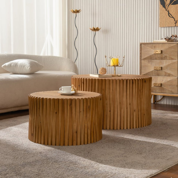 English Elm Vintage Round Nesting Coffee Tables Set of 2 — Textured Cylindrical Wood Accent Tables, Sturdy 110lb Capacity, No-Assembly Natural W757P264677