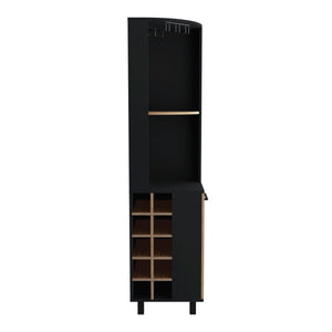 English Elm Kaia 70" Tall Corner Bar Cabinet with 4 Shelves, 10 Wine Cubbies & Stemware Storage in Black Pine B070S00307