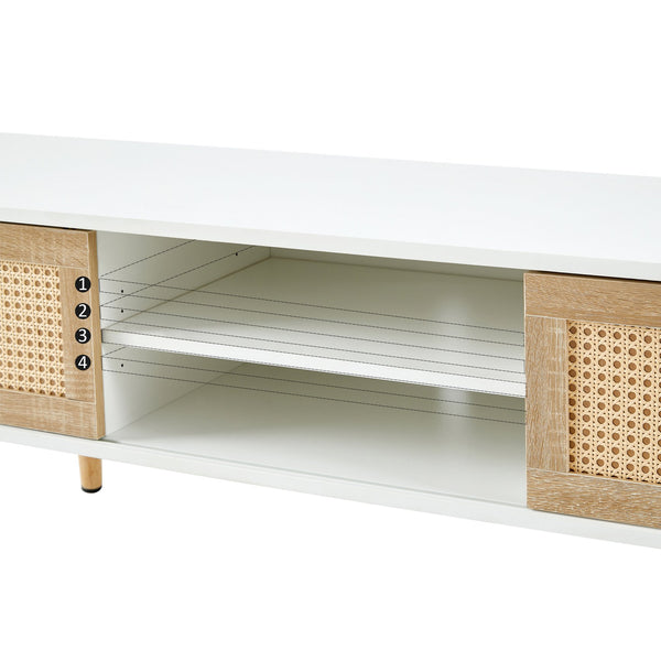 English Elm 55.12" Rattan TV Cabinet with Double Sliding Doors, Adjustable Shelf, Solid Wood Legs, White/Natural Finish W2181P293620