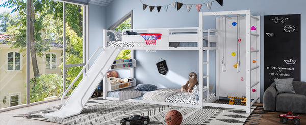 English Elm Twin Metal Loft Bed with Slide Basketball Hoop Climbing Wall and Built-in Shelves White W1580S00633