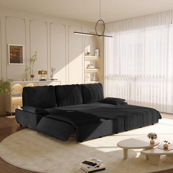 English Elm 94.5" King Convertible Sleeper Sofa Corduroy Upholstered Chaise Lounge Guest Room Bed Black W1885S00404