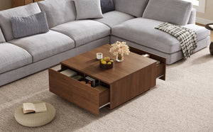 English Elm 33.25" Square Storage Coffee Table Four Drawer Matte Mdf Living Room Centerpiece Walnut N735P422508D