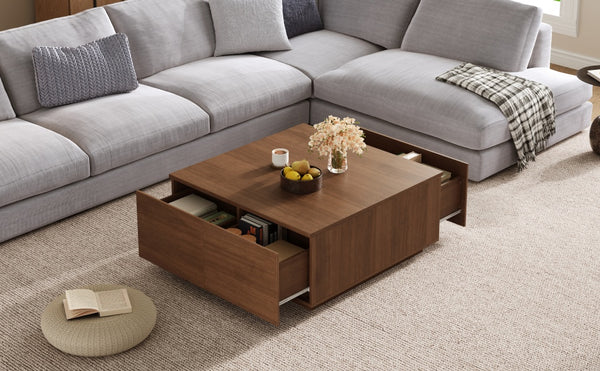English Elm 33.25" Square Storage Coffee Table Four Drawer Matte Mdf Living Room Centerpiece Walnut N735P422508D