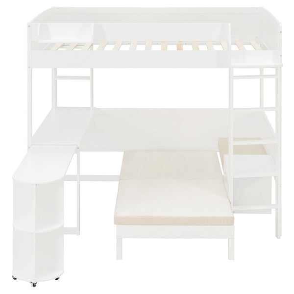 English Elm Full Size Loft Bed with Rotating Desk Led Lighting Sofa and Bookshelf Storage White LT000200AAK