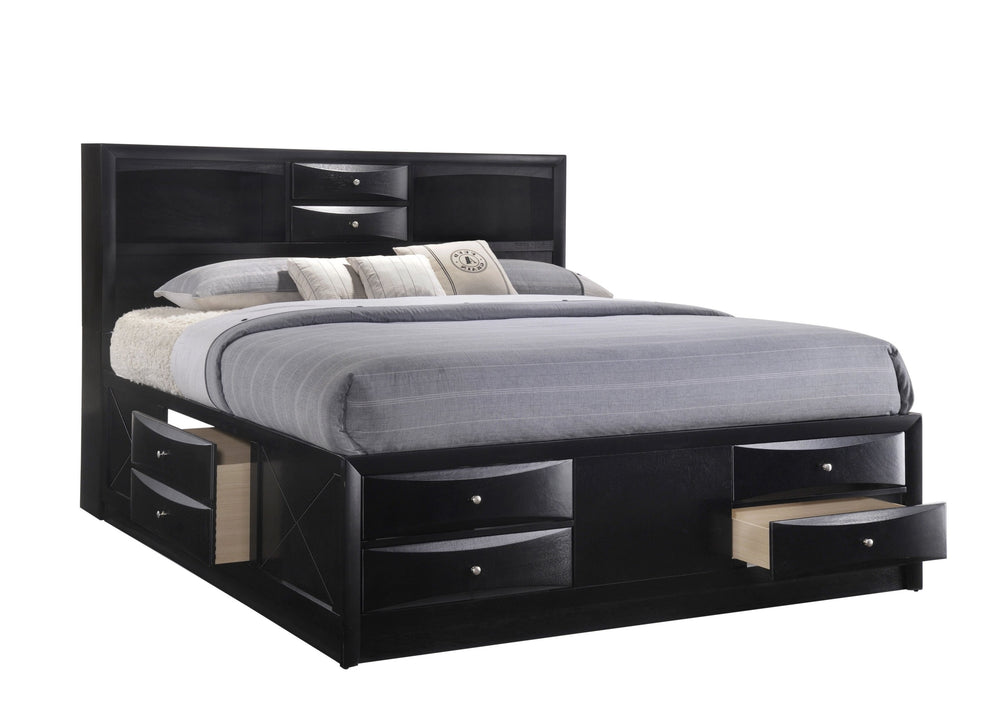 English Elm Black Captain's Bed King with Bookcase Headboard & 8 Deep Drawers, Solid Wood Storage Platform B2741S00622