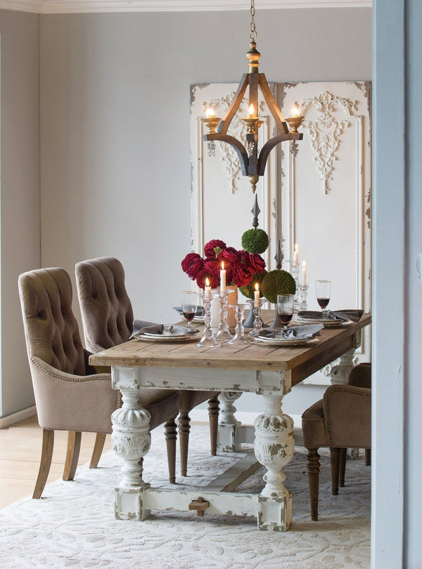 English Elm 79x35x30" Alcott Farmhouse Dining Table Natural Wood Top Distressed White Pedestal Base W2078S00013