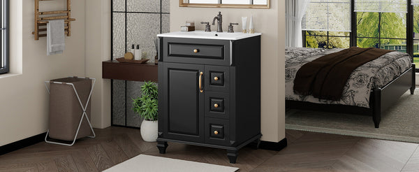 English Elm 24 Inch Freestanding Bathroom Vanity Solid Rubberwood Ceramic Sink Matte Finish Storage Black N725P375626B