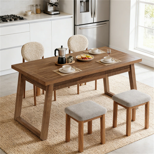 English Elm Rectangular Walnut Dining Table with Hidden Drawer and Tapered Solid Wood Legs Seats Six T3971P447210