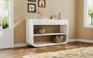 English Elm [video] Sculptural Console Table Pine Wood Curved Legs Soft-close Drawers Open Shelving Entryway White N759P433560K