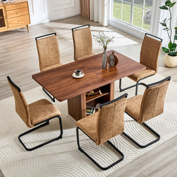 English Elm Expandable Walnut Mdf Dining Set Seats Eight with Six Fabric Chairs on Metal Legs W1151S04708