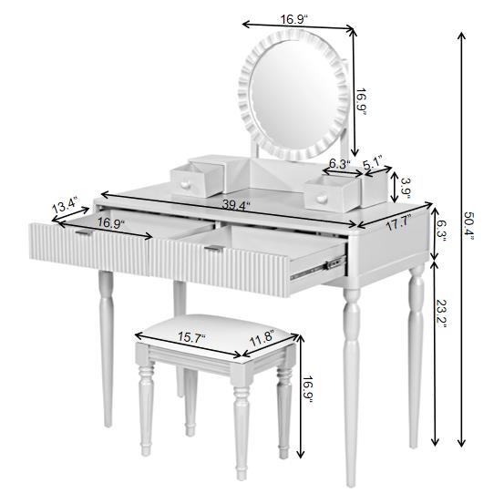 English Elm Luxury Vanity Desk with Sunflower Mirror, Height-Adjustable Makeup Table, 4 Drawers & Stool for Organized Glam Champagne N844P262897C
