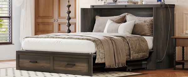 English Elm Queen Farmhouse Murphy Cabinet Bed with Charging Station and Storage Drawer Gray N733S361778G