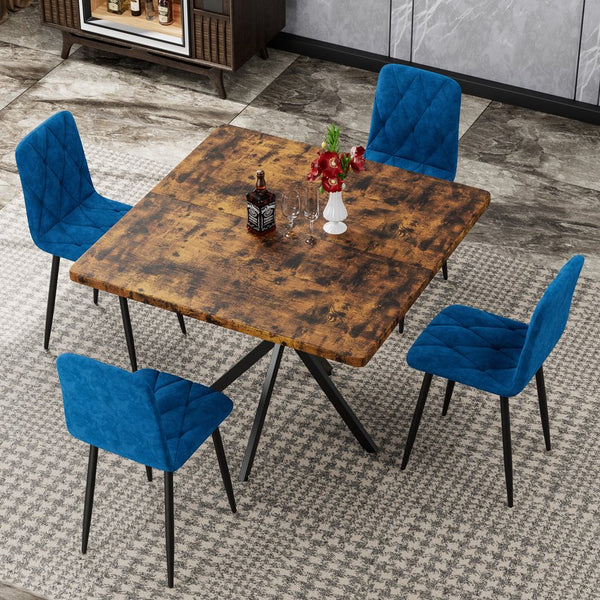 English Elm Square MDF Dining Set for 4 with Faux Marble Top, Mid-Century Modern Iron Legs, Easy-Clean Surface Brown+Blue W578S00030
